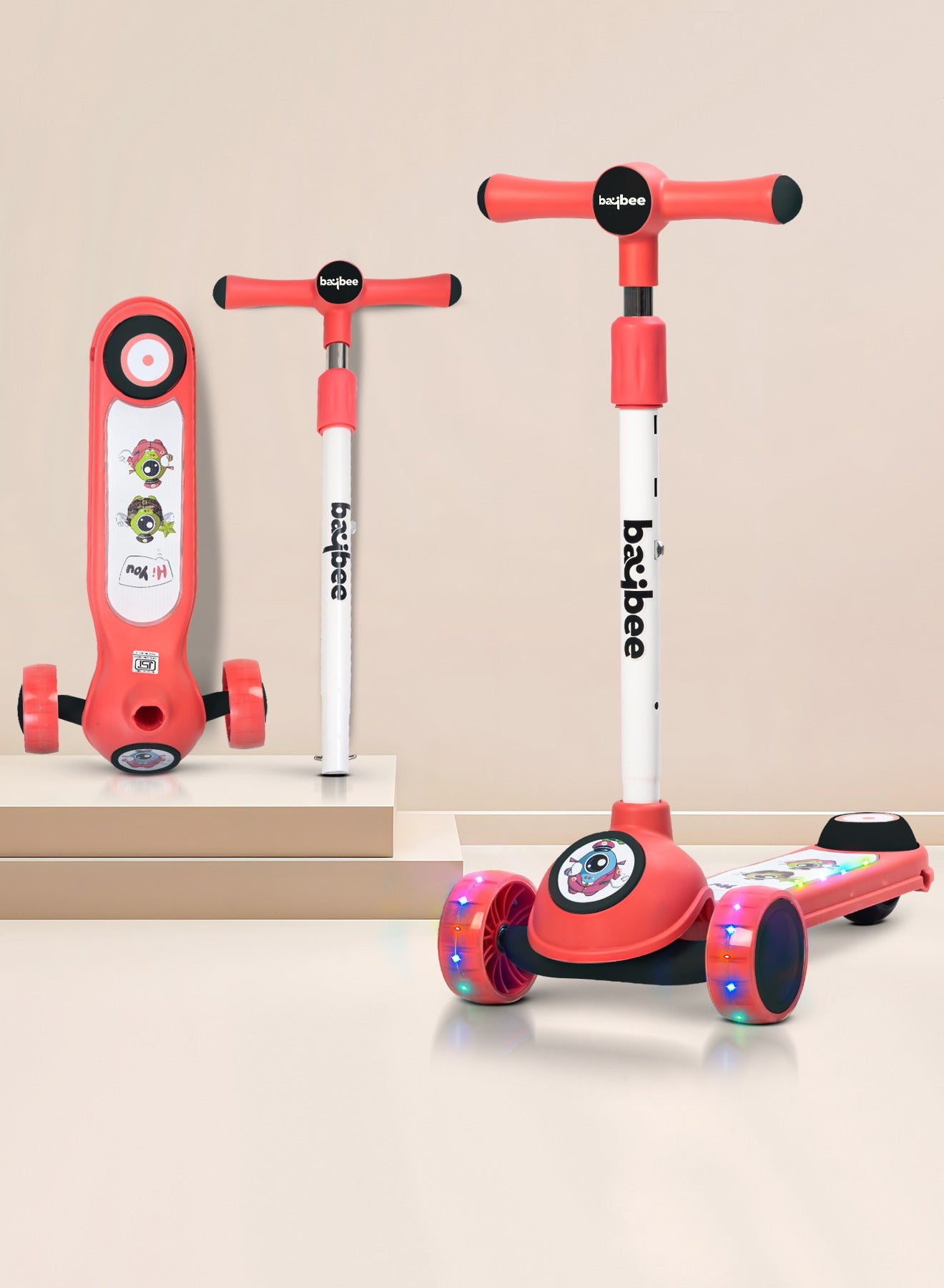 Baybee Rolo Skate Scooter for Kids 3 Wheel Kids Scooter with 3 Height Adjustable Baby Scooter with LED PU Wheels, Light & Music Kick Scooter for Baby Scooter for Kids 3 to 8 Years Boy Girl Red