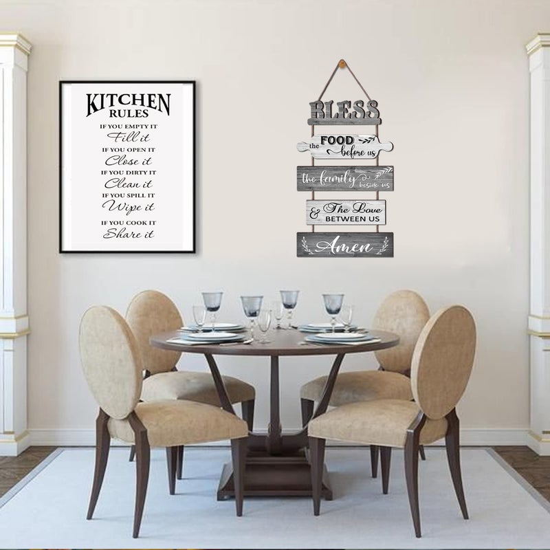 Buecasa Bless the Food Before Us Farmhouse Kitchen Wall Decor - Dining Room Decorations Collage Wall Art in White Grey Color - Wooden Rustic 5pcs Roped Sign 13x24 Inches Vertical - Image 3