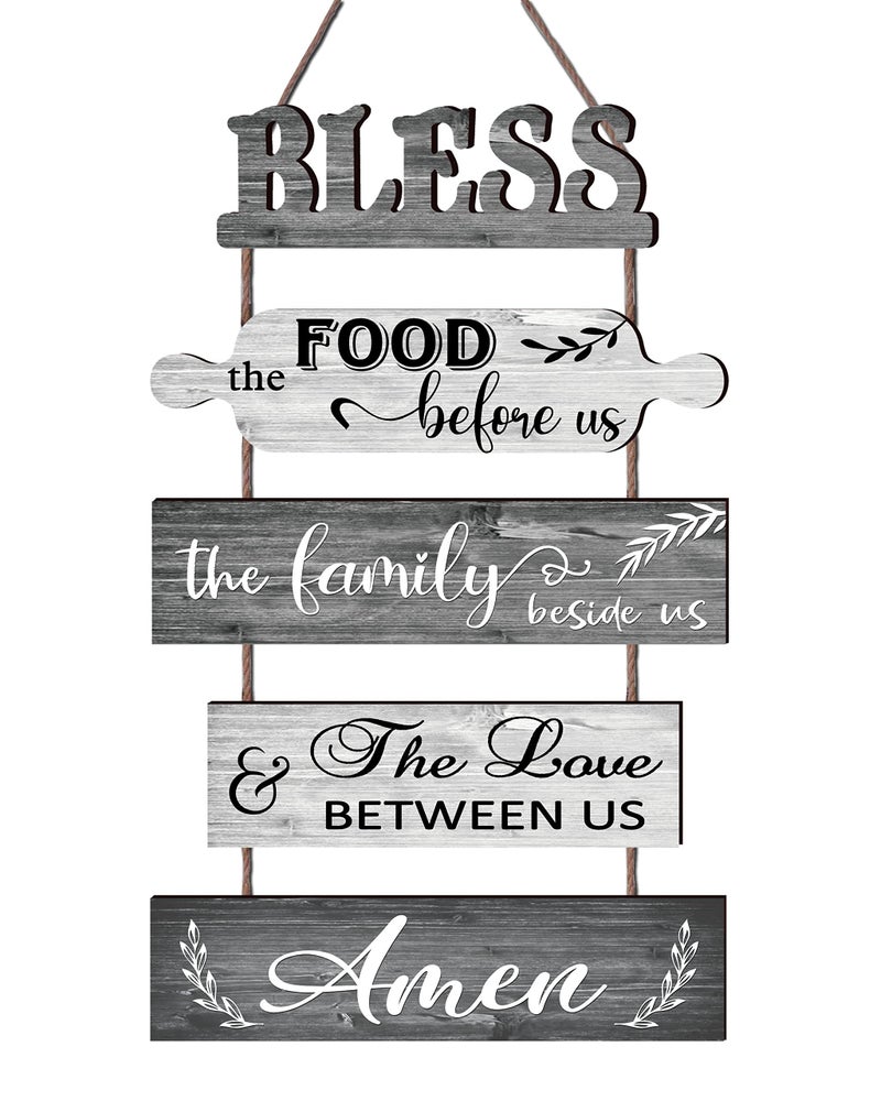 Buecasa Bless the Food Before Us Farmhouse Kitchen Wall Decor - Dining Room Decorations Collage Wall Art in White Grey Color - Wooden Rustic 5pcs Roped Sign 13x24 Inches Vertical - Image 1