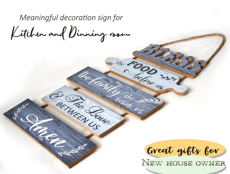 Buecasa Bless the Food Before Us Farmhouse Kitchen Wall Decor - Dining Room Decorations Collage Wall Art in White Grey Color - Wooden Rustic 5pcs Roped Sign 13x24 Inches Vertical - Image 5
