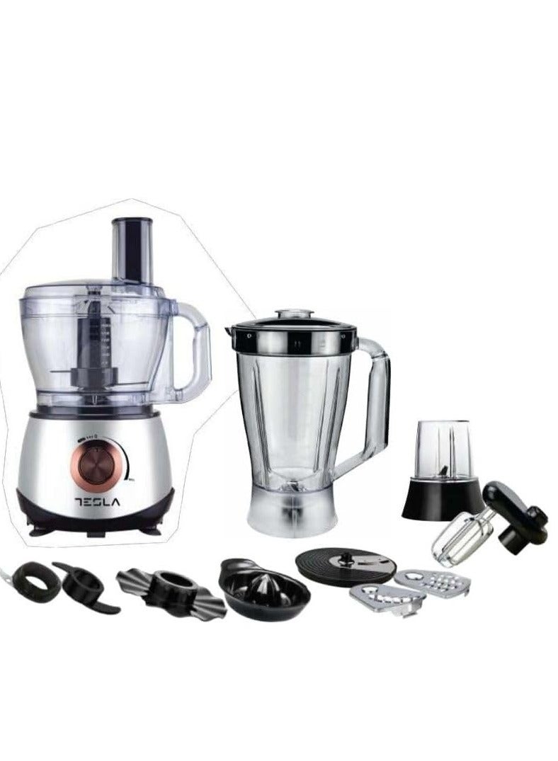 تسلا محضر طعام تسلا TSL-FP100 – بقوة 800 واط، 10 في 1 – وعاء 2 لتر، خلاط، مطحنة، عصارة، مفرمة، قطاعة – تصميم ستانلس ستيل – يدعم 35 وظيفة مختلفة - Image 1