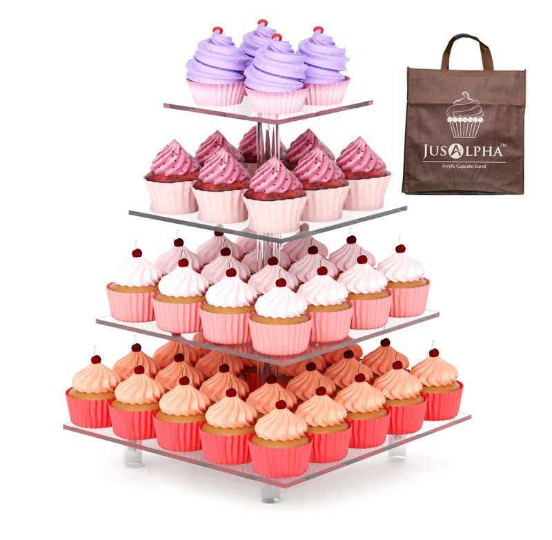 Jusalpha Large 4 Tier Cupcake Stand Square Acrylic Cupcake Tower Stand for Dessert, Pastry, Serving Platter-Candy Bar Party DÃ©cor and Supply(with Rod Feet) (4SF-V2) - Image 1