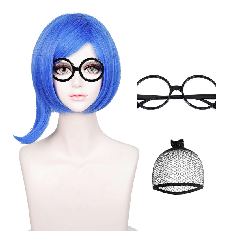 Probeauty Short Blue Wig with Glasses Blue Bob Wig for Halloween Costume Cosplay Party