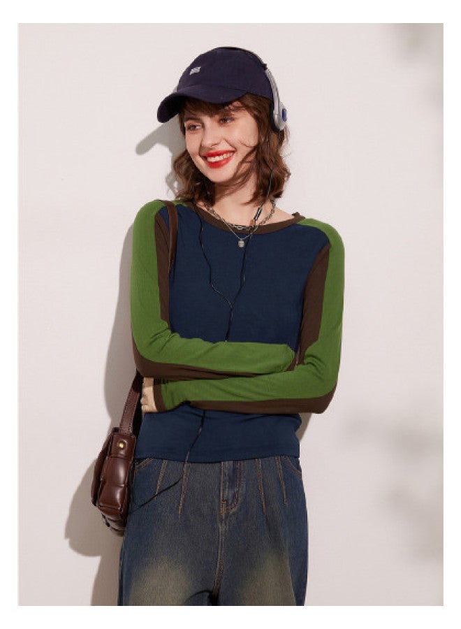 Fashion Color-block Women's T-shirt】trendy Round-neck Long Sleeve Tee For Spring/autumn - Image 1