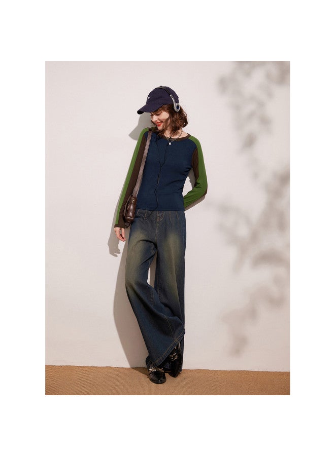 Fashion Color-block Women's T-shirt】trendy Round-neck Long Sleeve Tee For Spring/autumn - Image 5