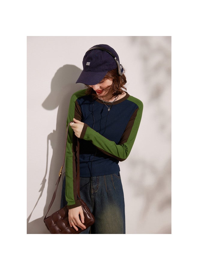 Fashion Color-block Women's T-shirt】trendy Round-neck Long Sleeve Tee For Spring/autumn - Image 3
