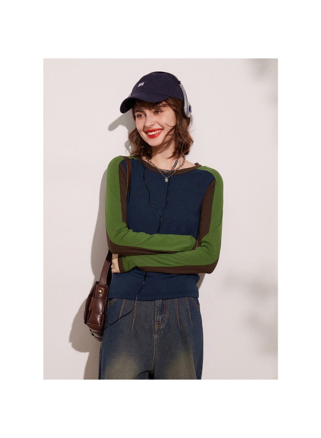 Fashion Color-block Women's T-shirt】trendy Round-neck Long Sleeve Tee For Spring/autumn - Image 2