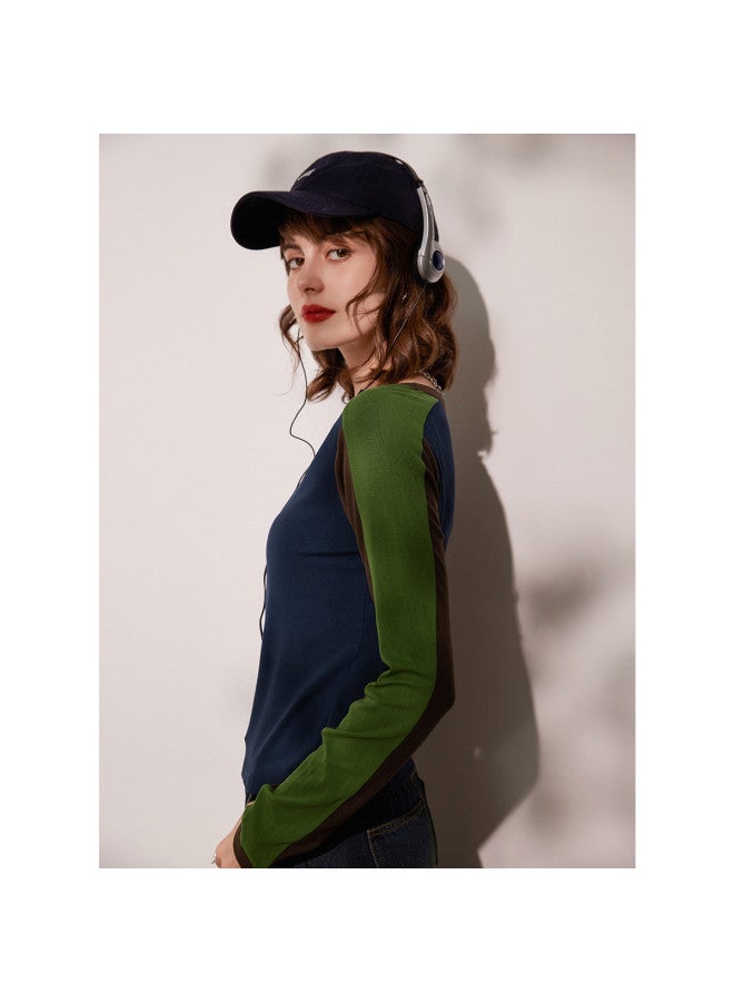 Fashion Color-block Women's T-shirt】trendy Round-neck Long Sleeve Tee For Spring/autumn - Image 4