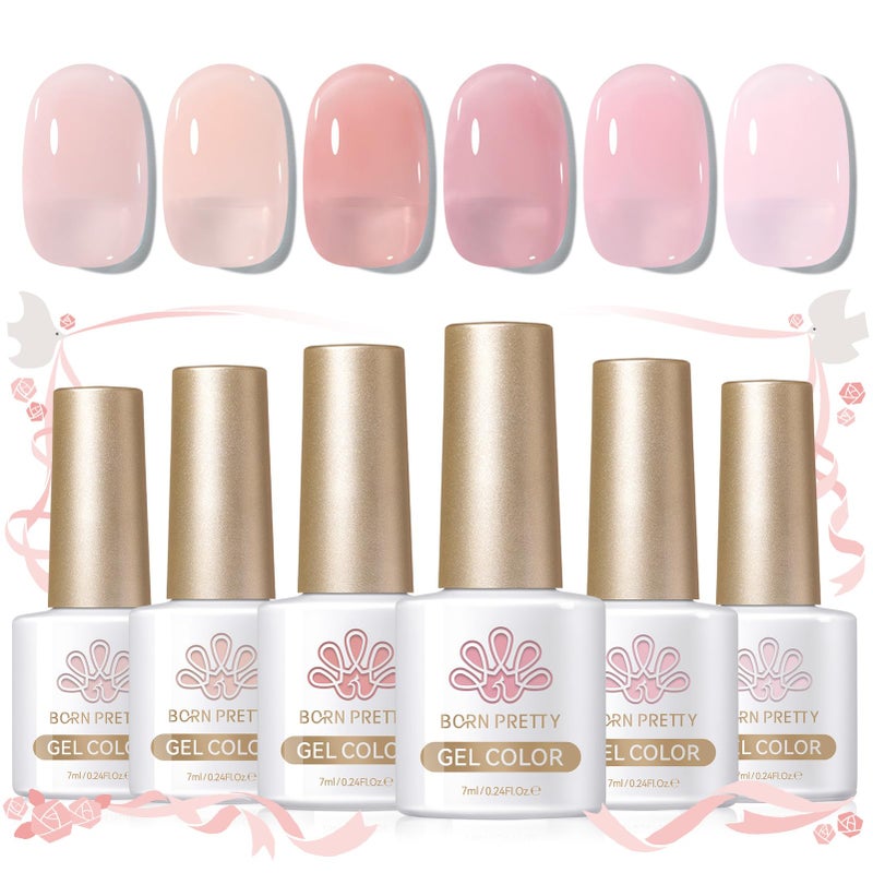 Born Pretty Jelly Pink Gel Nail Polish Set,Valentine's Day Nude Pink Translucent Gel Polish,6 Transparent Sheer Colors Soak Off U V Light Cure Gel Polish Kit Nail Art Manicure DIY Kit Home Salon 7ML - Image 1