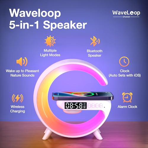 FREEZE2TRIM Waveloop Speaker Alarm Clocks for Bedrooms with Wireless Charging and G Bluetooth Speaker, Sunrise Wake Up Light RGB Night Lamp, 4-Button Bedside Alarm Clock for Bedroom Time Display, USB-C - Image 3