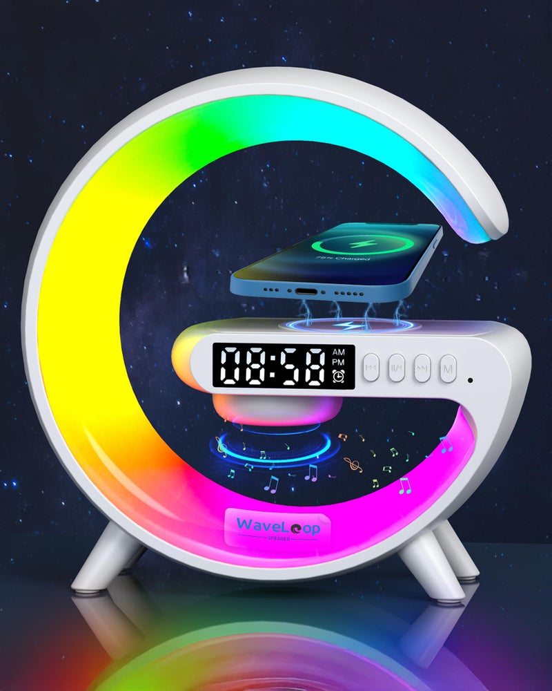 FREEZE2TRIM Waveloop Speaker Alarm Clocks for Bedrooms with Wireless Charging and G Bluetooth Speaker, Sunrise Wake Up Light RGB Night Lamp, 4-Button Bedside Alarm Clock for Bedroom Time Display, USB-C - Image 1