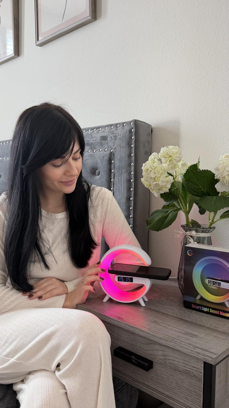FREEZE2TRIM Waveloop Speaker Alarm Clocks for Bedrooms with Wireless Charging and G Bluetooth Speaker, Sunrise Wake Up Light RGB Night Lamp, 4-Button Bedside Alarm Clock for Bedroom Time Display, USB-C - Image 2