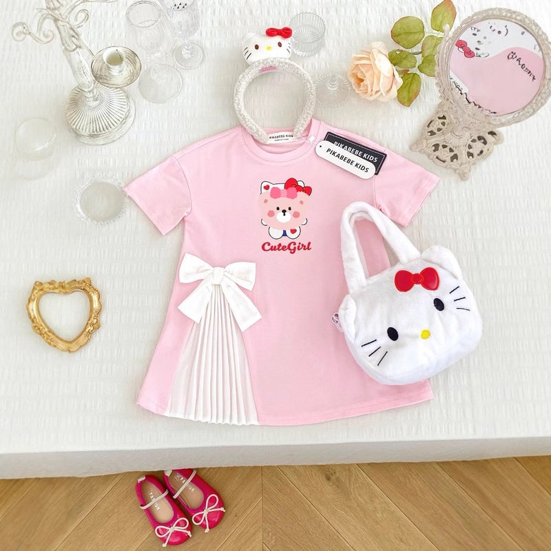 New Summer Girls Cartoon Cute dress T-Shirt Skirt Short-sleeved Childrens Princess Bow Skirt Pink Skirt [879#]#] 