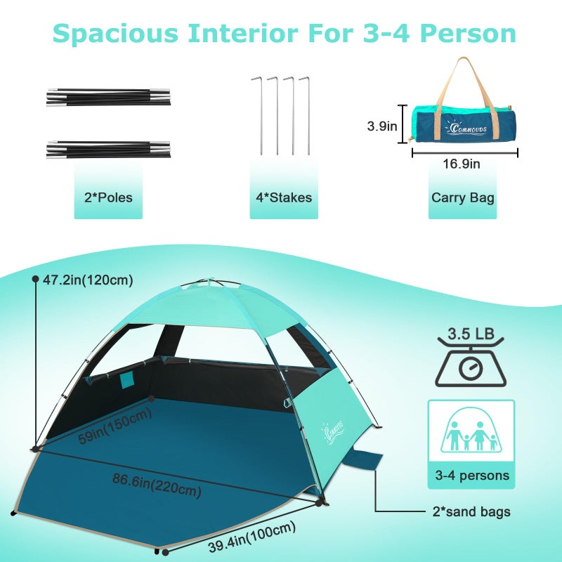 COMMOUDS Beach Tent Sun Shade for 3/4/6/8 Person, UPF 99+ Beach Sun Shelter Canopy Tent, Lightweight, Easy Set Up and Carry - Image 2