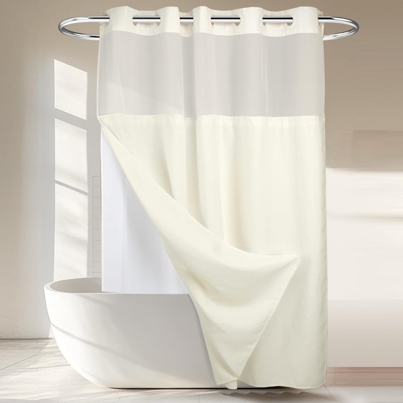 Heavyweight No Hooks Required Dotted Waffle Weave Shower Curtain with Snap in Liner  71W x 74HHotel GradeSpa Like Bath CurtainCream
