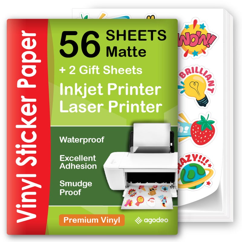 AgoDeo Premium Printable Vinyl Sticker Paper for Inkjet & Laser Printer - 56 Sheets Self-Adhesive Sheets Matte White Waterproof, Dries Quickly Vivid Colors, Holds Ink Well - Tear Resistant - Image 1