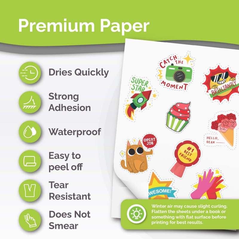 AgoDeo Premium Printable Vinyl Sticker Paper for Inkjet & Laser Printer - 56 Sheets Self-Adhesive Sheets Matte White Waterproof, Dries Quickly Vivid Colors, Holds Ink Well - Tear Resistant - Image 2