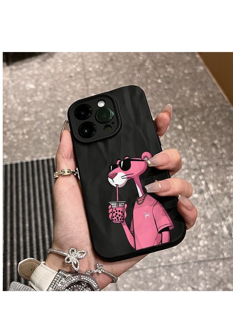NIBEMINENT Drink Milk Tea Pink Panther Protective TPU Case Cover For IPhone 14, Black