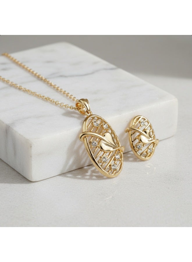 Fashion Jewelry Elegant Gold Plated Leaf Design Jewelry Set with Crystals (Necklace & Earrings)  Luxury Fashion Jewelry Set – Gold Oval Pendant & Earrings with Sparkling Stones  Stylish Gold-Tone Necklace and Earring Set with Floral Leaf Accents - Image 2