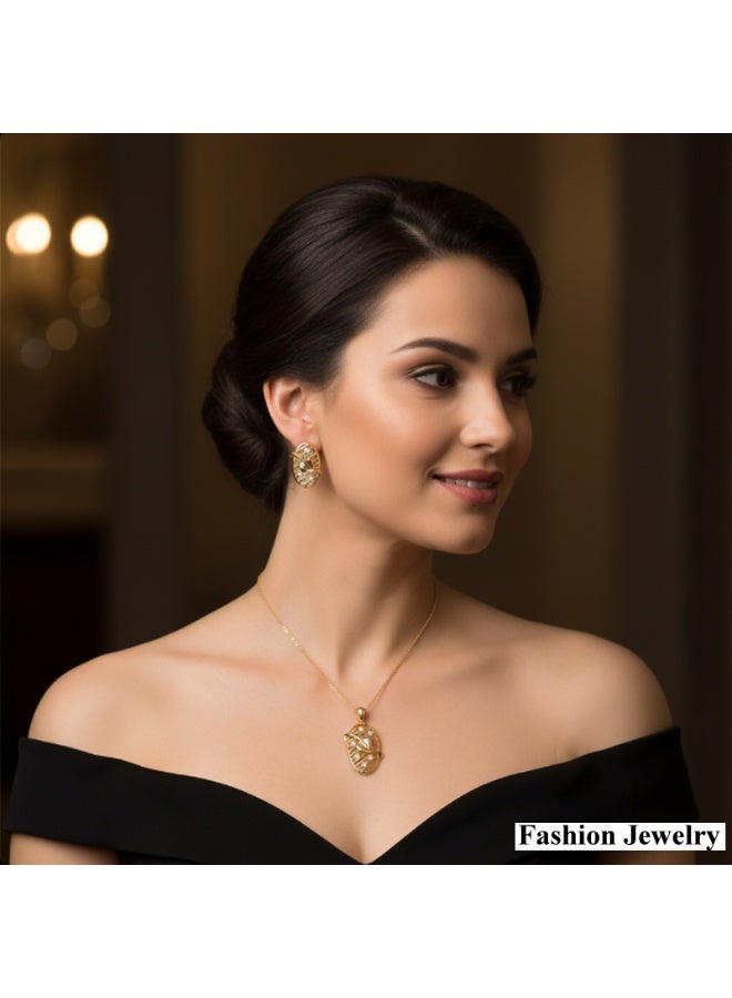 Fashion Jewelry Elegant Gold Plated Leaf Design Jewelry Set with Crystals (Necklace & Earrings)  Luxury Fashion Jewelry Set – Gold Oval Pendant & Earrings with Sparkling Stones  Stylish Gold-Tone Necklace and Earring Set with Floral Leaf Accents - Image 4