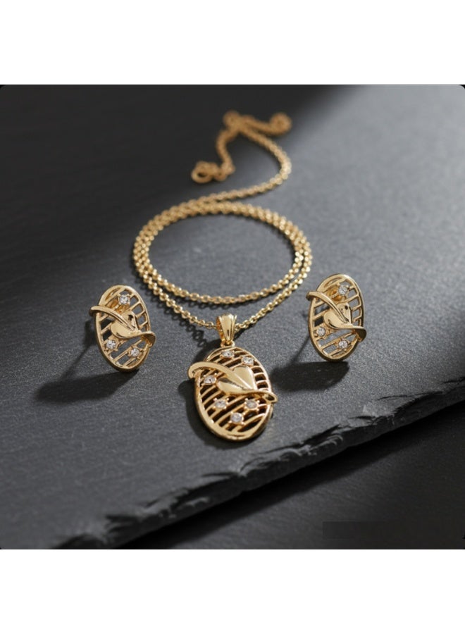Fashion Jewelry Elegant Gold Plated Leaf Design Jewelry Set with Crystals (Necklace & Earrings)  Luxury Fashion Jewelry Set – Gold Oval Pendant & Earrings with Sparkling Stones  Stylish Gold-Tone Necklace and Earring Set with Floral Leaf Accents - Image 1