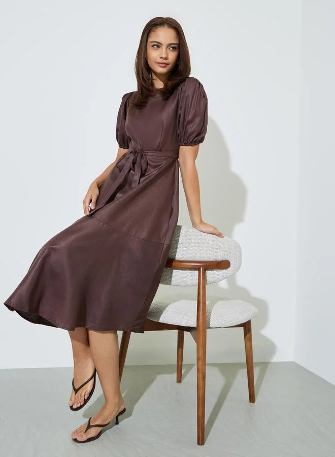 Styli Brown A-Line Midi Dress with Puff Sleeves