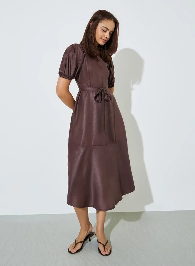 Styli Brown A-Line Midi Dress with Puff Sleeves