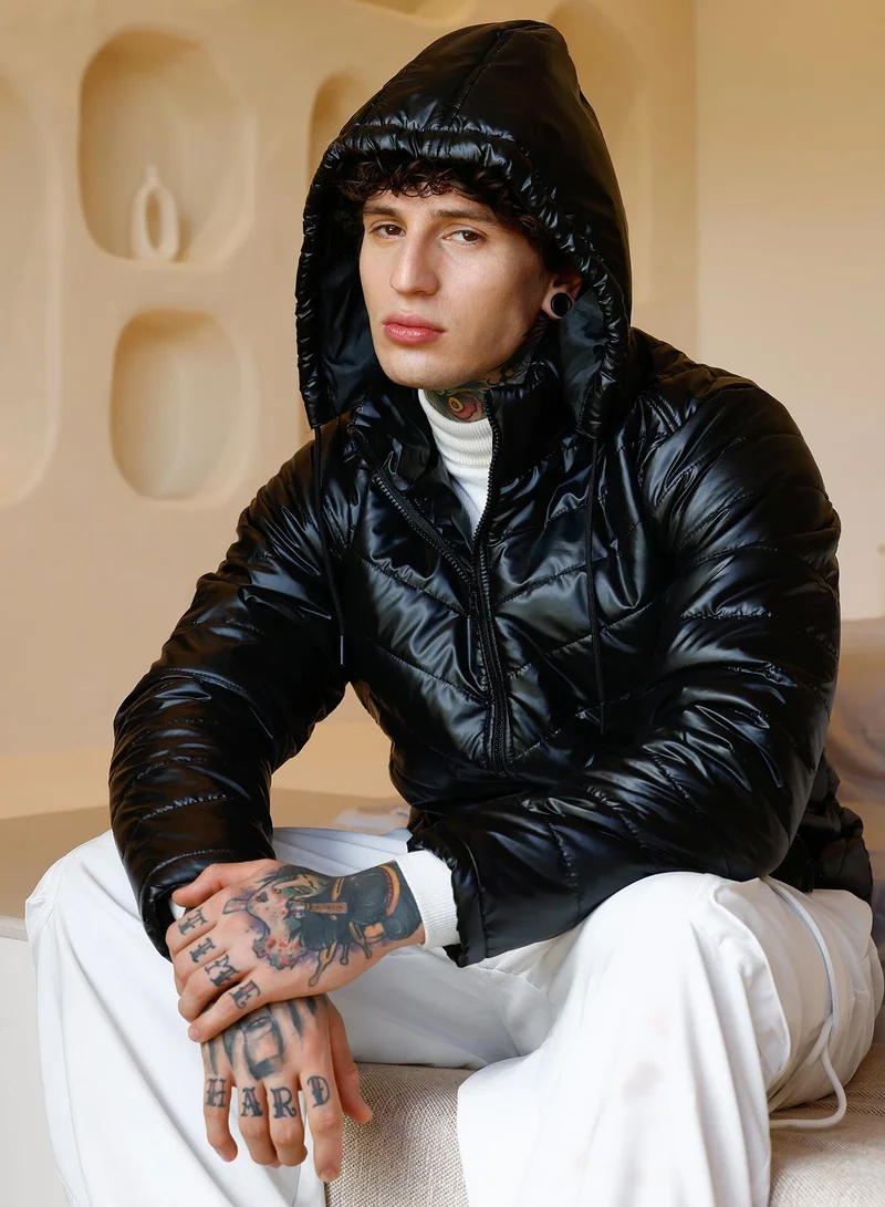 Campus Sutra Men's Onyx Black Patent-Quilt Puffer Jacket