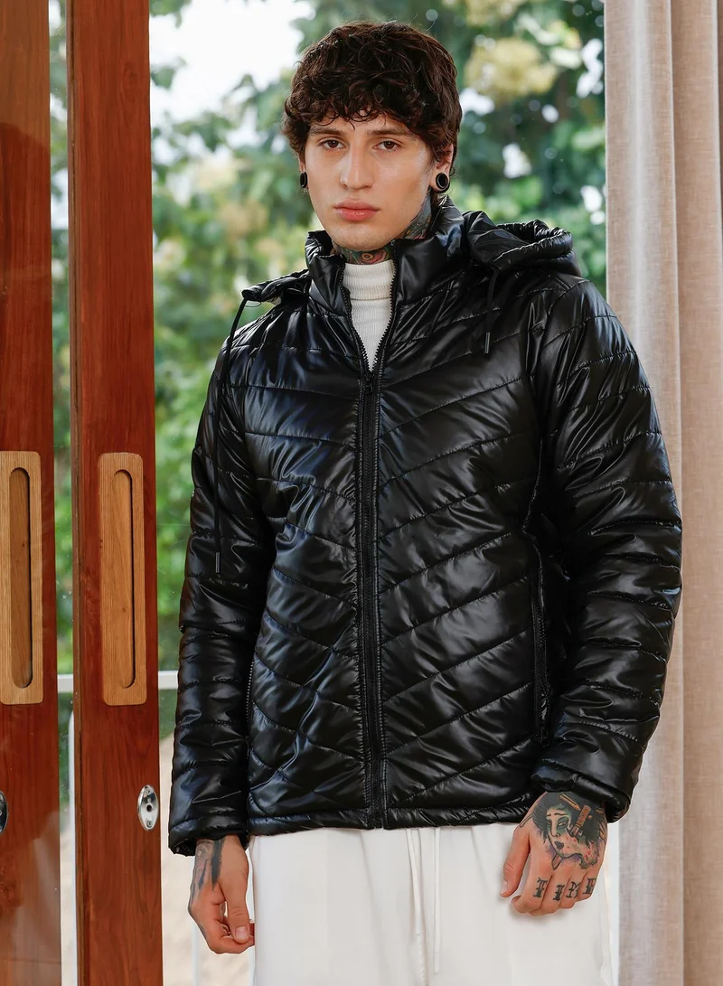 Campus Sutra Men's Onyx Black Patent-Quilt Puffer Jacket
