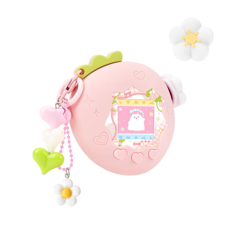 BUBBLELOGUS Strawberry Bubble Protective Case for Tamagotchi Paradise, Soft TPU Silicone Cover with Faceplate, Flower Shaped Zoom Dial Cap & Charms Set, Anti-Scratch & Waterproof (Pink) - Image 1