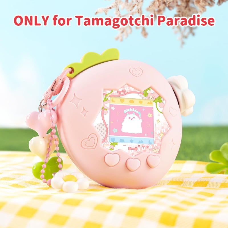 BUBBLELOGUS Strawberry Bubble Protective Case for Tamagotchi Paradise, Soft TPU Silicone Cover with Faceplate, Flower Shaped Zoom Dial Cap & Charms Set, Anti-Scratch & Waterproof (Pink) - Image 2