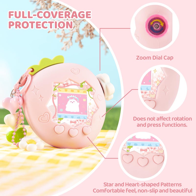 BUBBLELOGUS Strawberry Bubble Protective Case for Tamagotchi Paradise, Soft TPU Silicone Cover with Faceplate, Flower Shaped Zoom Dial Cap & Charms Set, Anti-Scratch & Waterproof (Pink) - Image 4