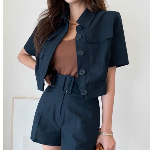 Cross-border suit 2024 Summer New Korean Style Elegant Slim-fit Short Lapel Top High Waist Shorts Two-piece Set for Women Khaki - Image 2