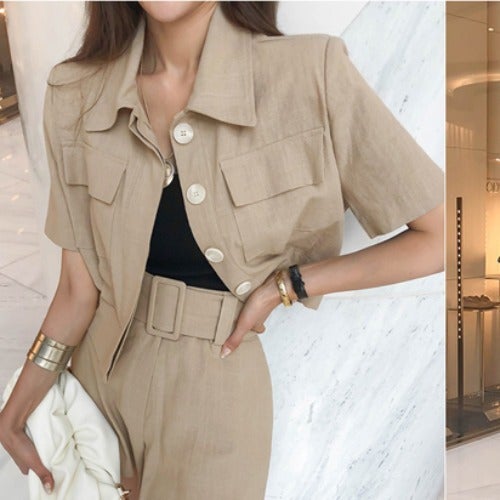 Cross-border suit 2024 Summer New Korean Style Elegant Slim-fit Short Lapel Top High Waist Shorts Two-piece Set for Women Khaki - Image 1