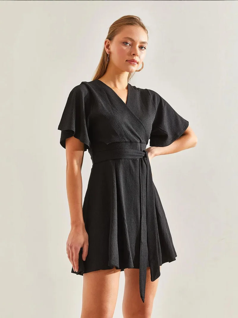 Bianco Lucci Black LUCCI Textured V-Neck Mini Dress with Bow for Women | Best Price UAE