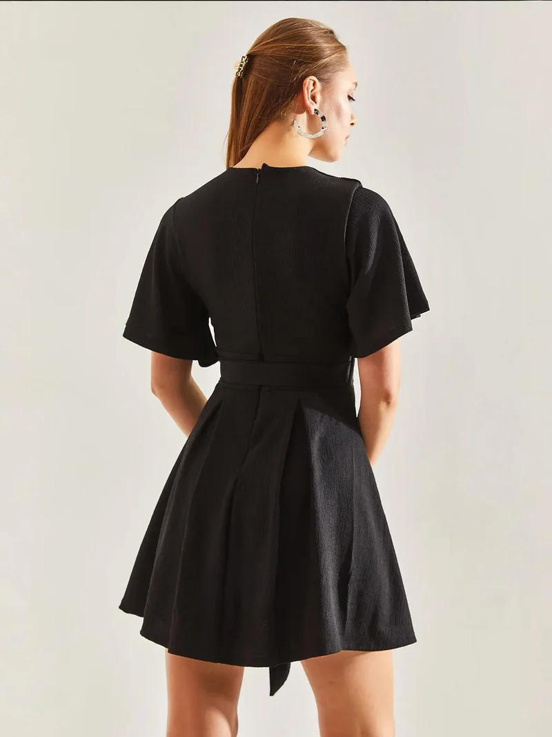 Bianco Lucci Black LUCCI Textured V-Neck Mini Dress with Bow for Women | Best Price UAE