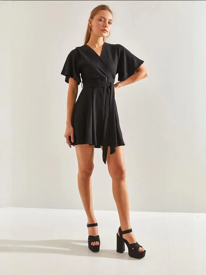 Bianco Lucci Black LUCCI Textured V-Neck Mini Dress with Bow for Women | Best Price UAE