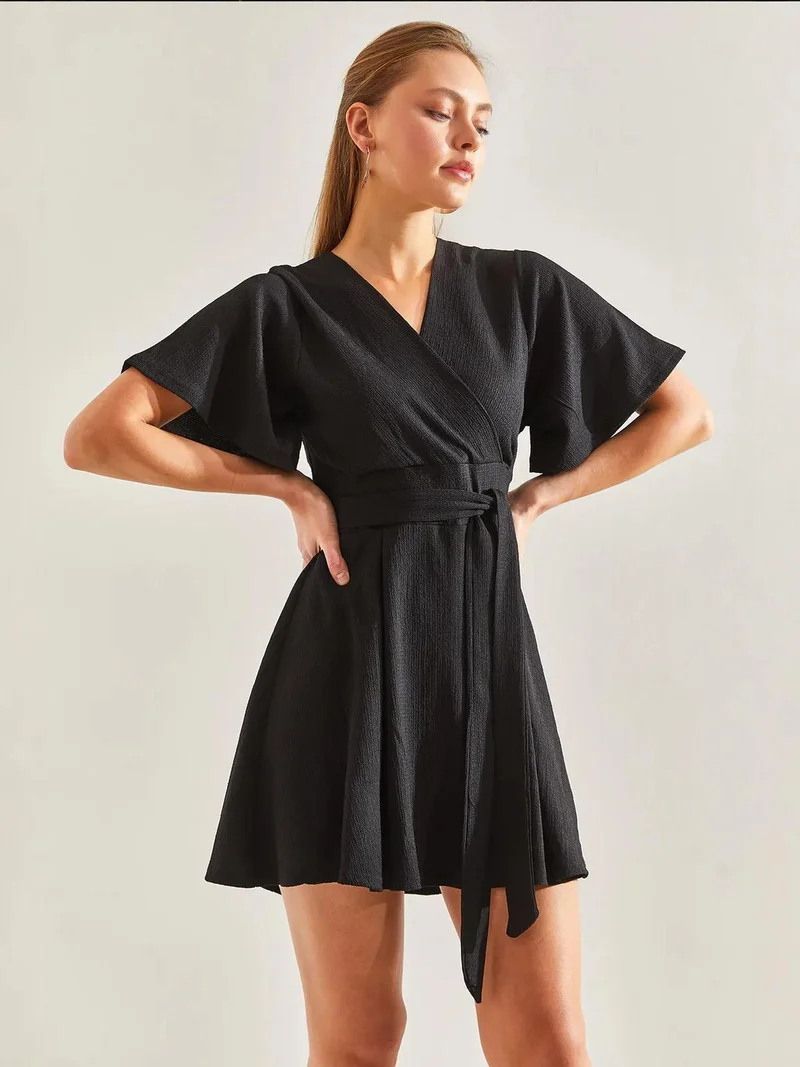 Bianco Lucci Black LUCCI Textured V-Neck Mini Dress with Bow for Women | Best Price UAE