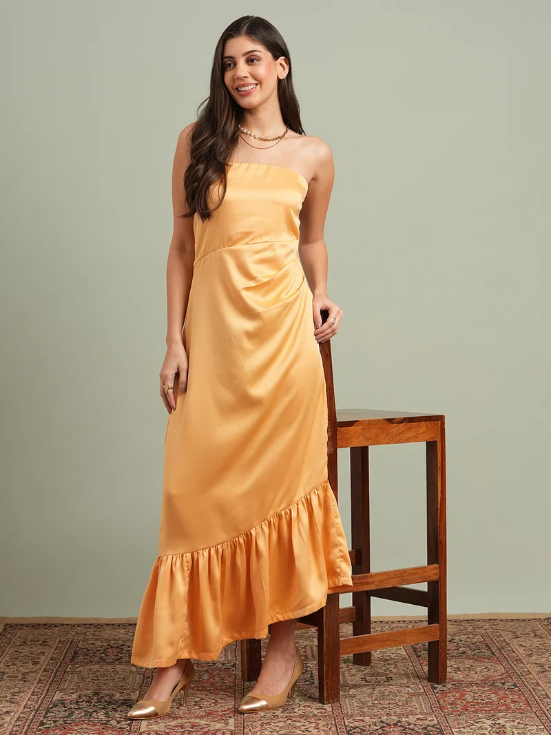 Globus Women Yellow Off-Shoulder Solid Pleated & Ruffle Detail Satin A-Line Maxi Party Dress