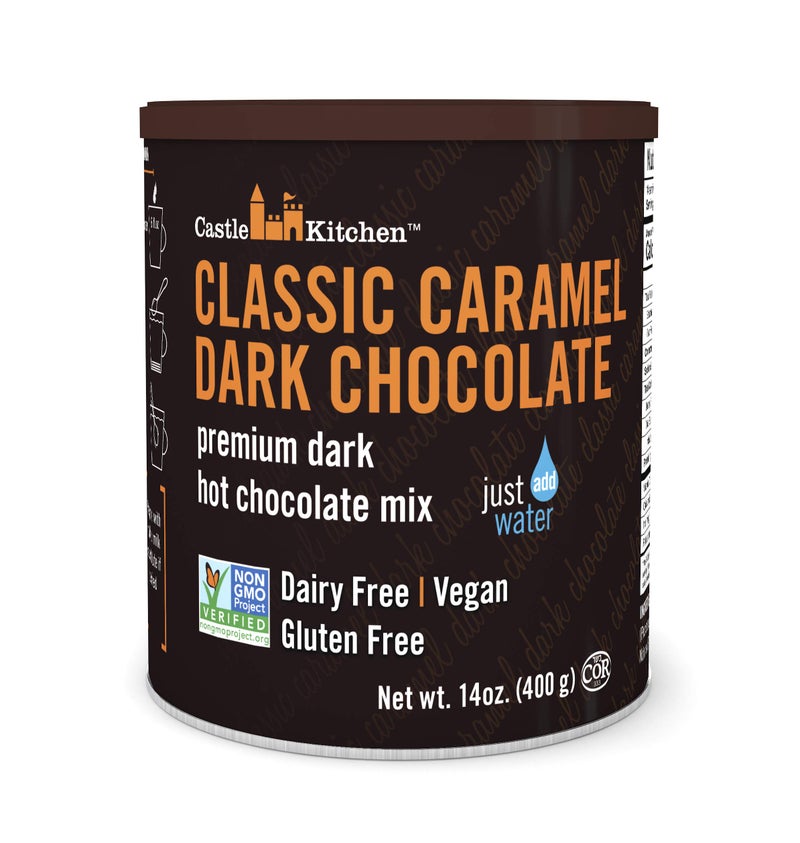 Castle Kitchen Classic Caramel Dark Chocolate Premium Hot Cocoa Mix - Dairy-Free, Vegan, Plant Based, Gluten-Free, Non-GMO Project Verified, Kosher - Just Add Water - 14 oz