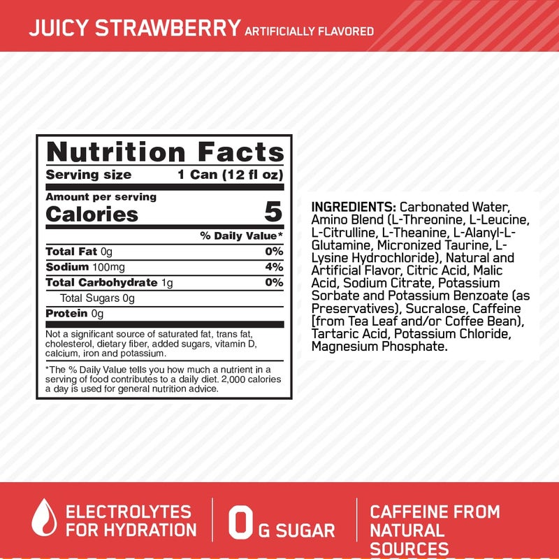 Optimum Nutrition Amino Energy Sparkling Hydration Drink, Electrolytes, Caffeine, Amino Acids, BCAAs, Sugar Free, Juicy Strawberry, 12 Fl Oz, 12 Pack (Packaging May Vary) - Image 3