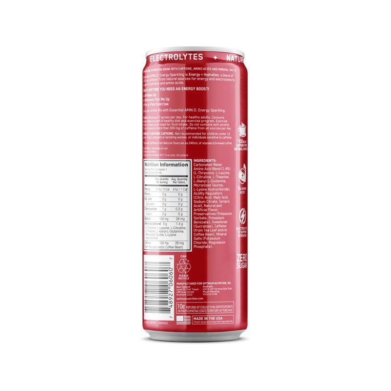 Optimum Nutrition Amino Energy Sparkling Hydration Drink, Electrolytes, Caffeine, Amino Acids, BCAAs, Sugar Free, Juicy Strawberry, 12 Fl Oz, 12 Pack (Packaging May Vary) - Image 4