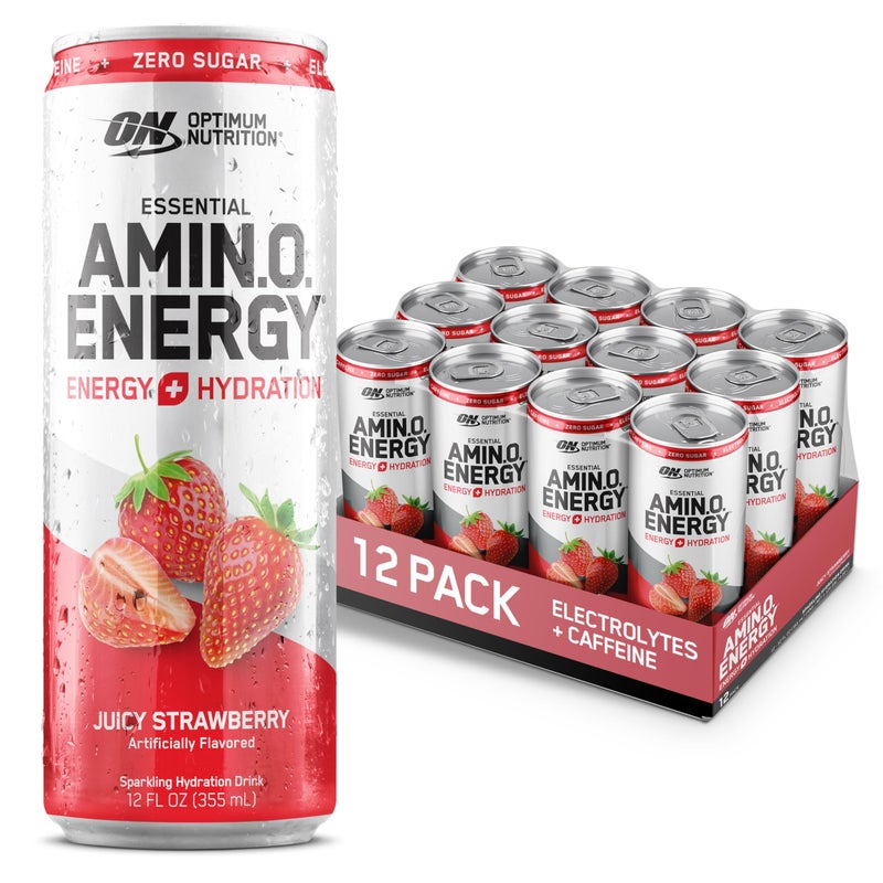 Optimum Nutrition Amino Energy Sparkling Hydration Drink, Electrolytes, Caffeine, Amino Acids, BCAAs, Sugar Free, Juicy Strawberry, 12 Fl Oz, 12 Pack (Packaging May Vary) - Image 1