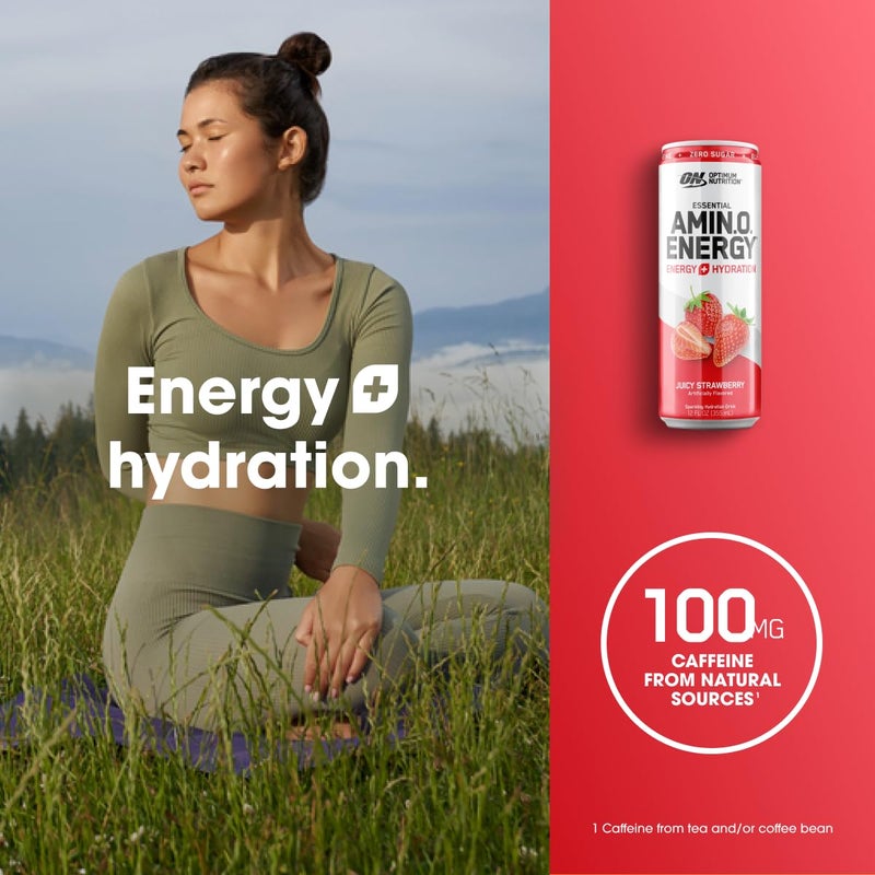 Optimum Nutrition Amino Energy Sparkling Hydration Drink, Electrolytes, Caffeine, Amino Acids, BCAAs, Sugar Free, Juicy Strawberry, 12 Fl Oz, 12 Pack (Packaging May Vary) - Image 5