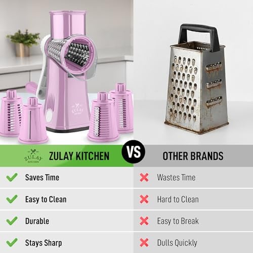 Zulay Kitchen Rotary Cheese Grater 5 Blade Cheese Shredder Manual Hand Crank Cheese Grater With Reinforced Suction 5 Interchangeable Drums Easy to Use Vegetable Chopper Round Mandoline Slicer - Image 3