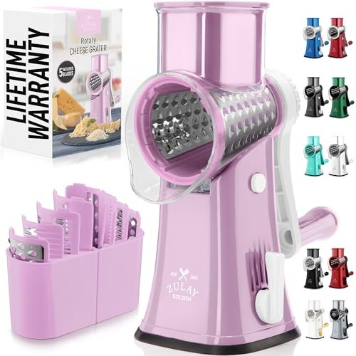 Zulay Kitchen Rotary Cheese Grater 5 Blade Cheese Shredder Manual Hand Crank Cheese Grater With Reinforced Suction 5 Interchangeable Drums Easy to Use Vegetable Chopper Round Mandoline Slicer - Image 1