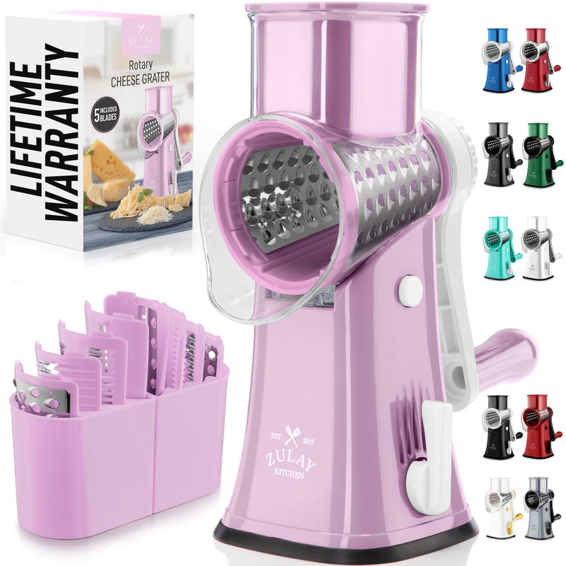 Zulay Kitchen Rotary Cheese Grater 5 Blade Cheese Shredder Manual Hand Crank Cheese Grater With Reinforced Suction 5 Interchangeable Drums Easy to Use Vegetable Chopper Round Mandoline Slicer - Image 2