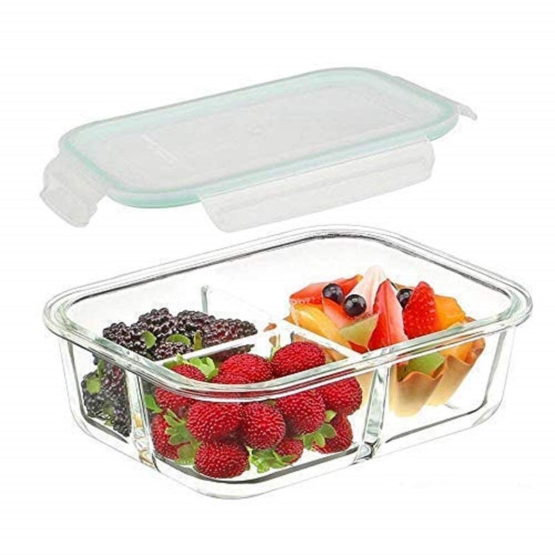 ABSTER Glass Meal Prep Airtight 3 Compartment Borocilicate Rectangular Storage Serving Bowl Food Containers with Lids Lunch Tiffin Box 1000ML pack of 1 - Image 1