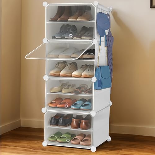 ABOUT SPACE Shoe Rack for Home with Door - 16 Pair DIY Slipper Stand with Hanger, 4 Cube Expandable Shelves Closed Shoes Rack for Home Men, Women Heels Boots Flip-Flops (White - L40 X B30 x H120 cm) - Image 1