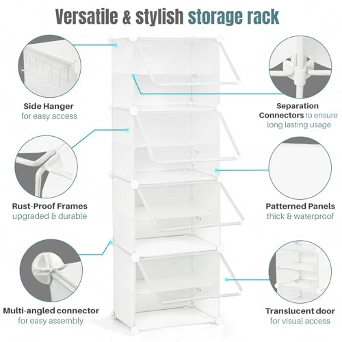 ABOUT SPACE Shoe Rack for Home with Door - 16 Pair DIY Slipper Stand with Hanger, 4 Cube Expandable Shelves Closed Shoes Rack for Home Men, Women Heels Boots Flip-Flops (White - L40 X B30 x H120 cm) - Image 3